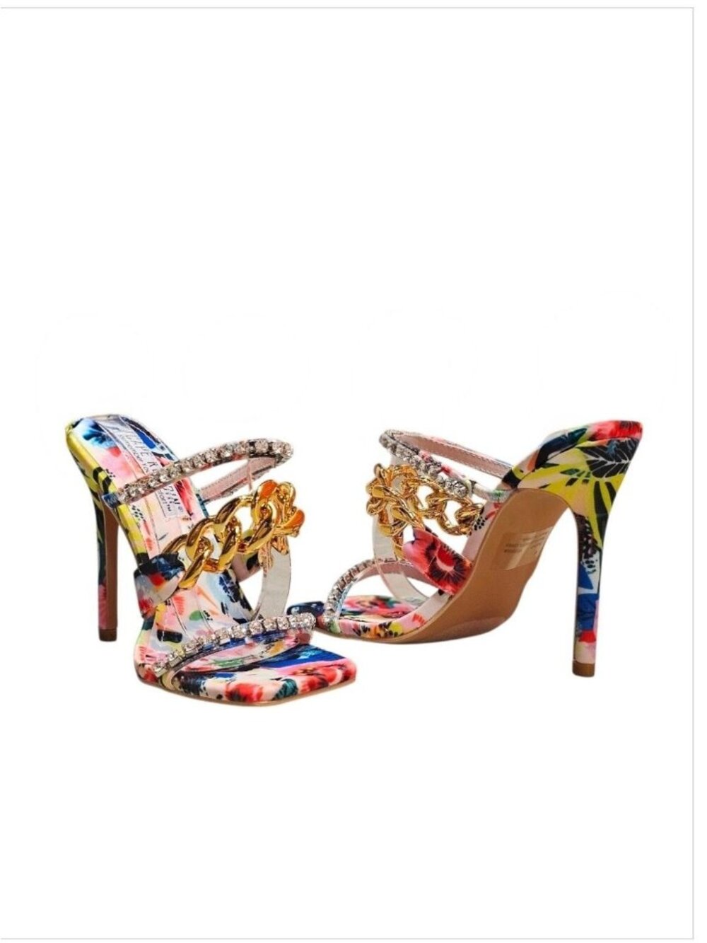 Floral Open-Toe High Heels With Rhinestone & Gold Chain Straps Multicolor Womens - Picture 6 of 14